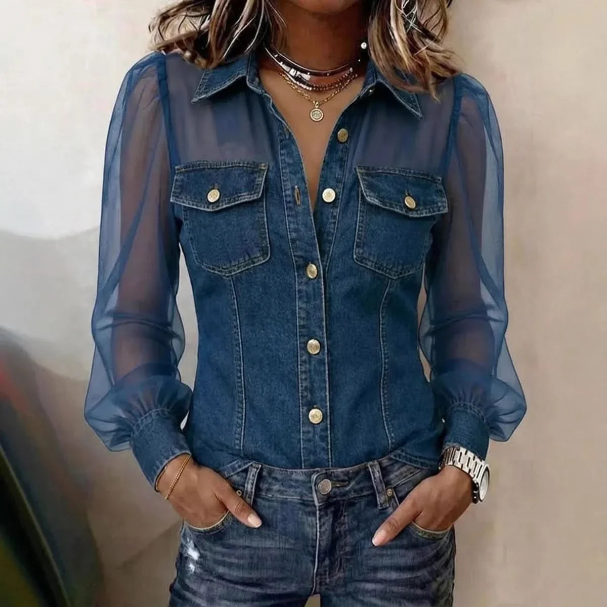 Women's Blouse Puff Sleeve Loose Fit Polyester Denim