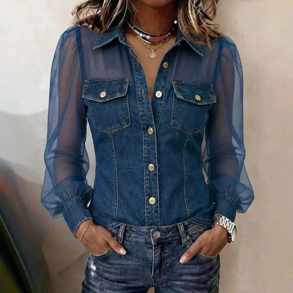 Women's Blouse Puff Sleeve Loose Fit Polyester Denim