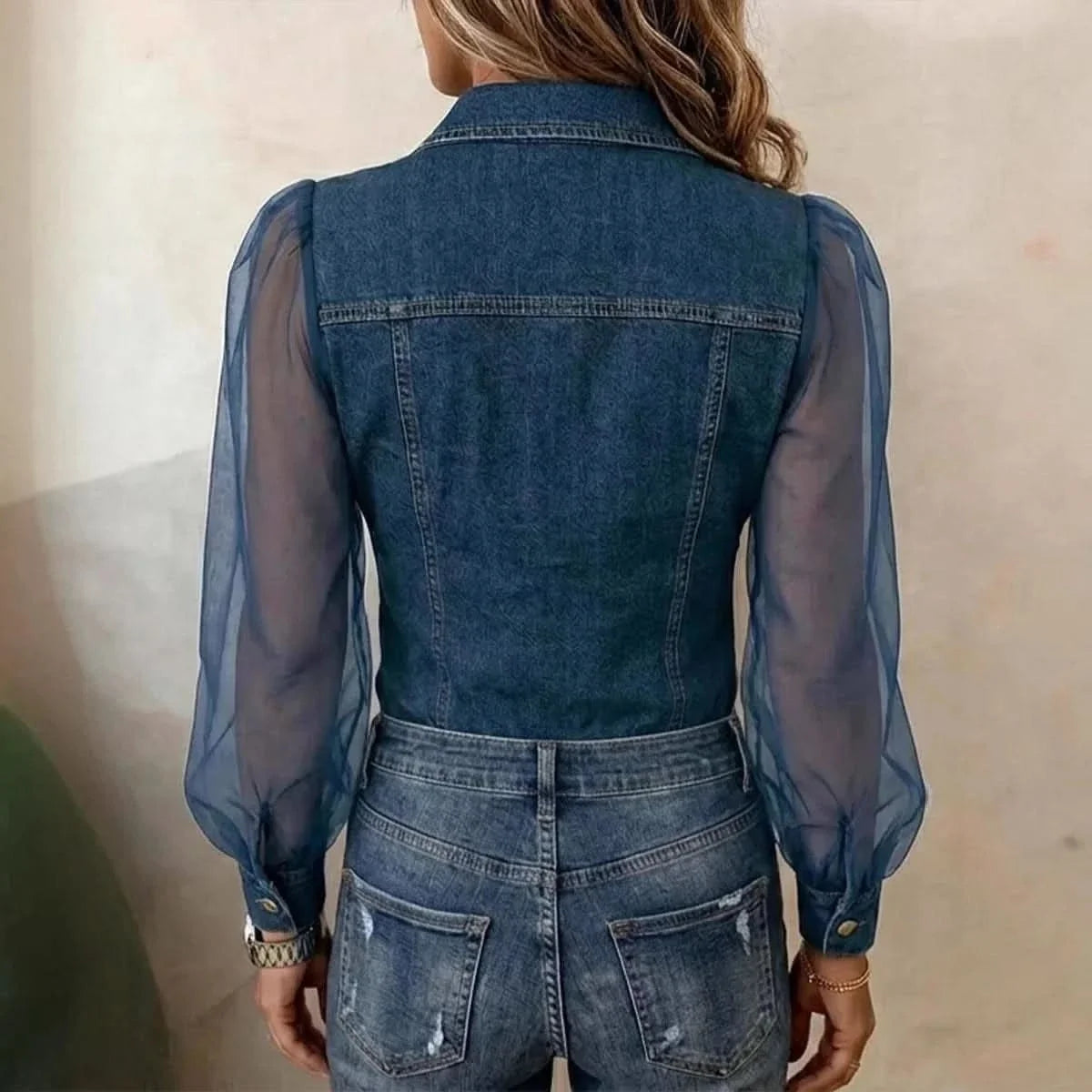 Women's Blouse Puff Sleeve Loose Fit Polyester Denim