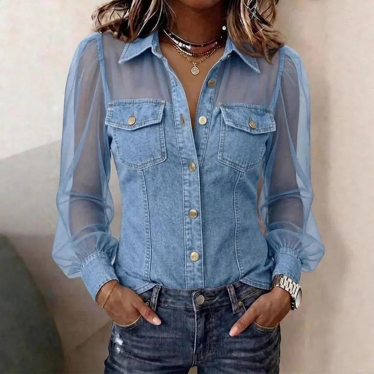 Women's Blouse Puff Sleeve Loose Fit Polyester Denim