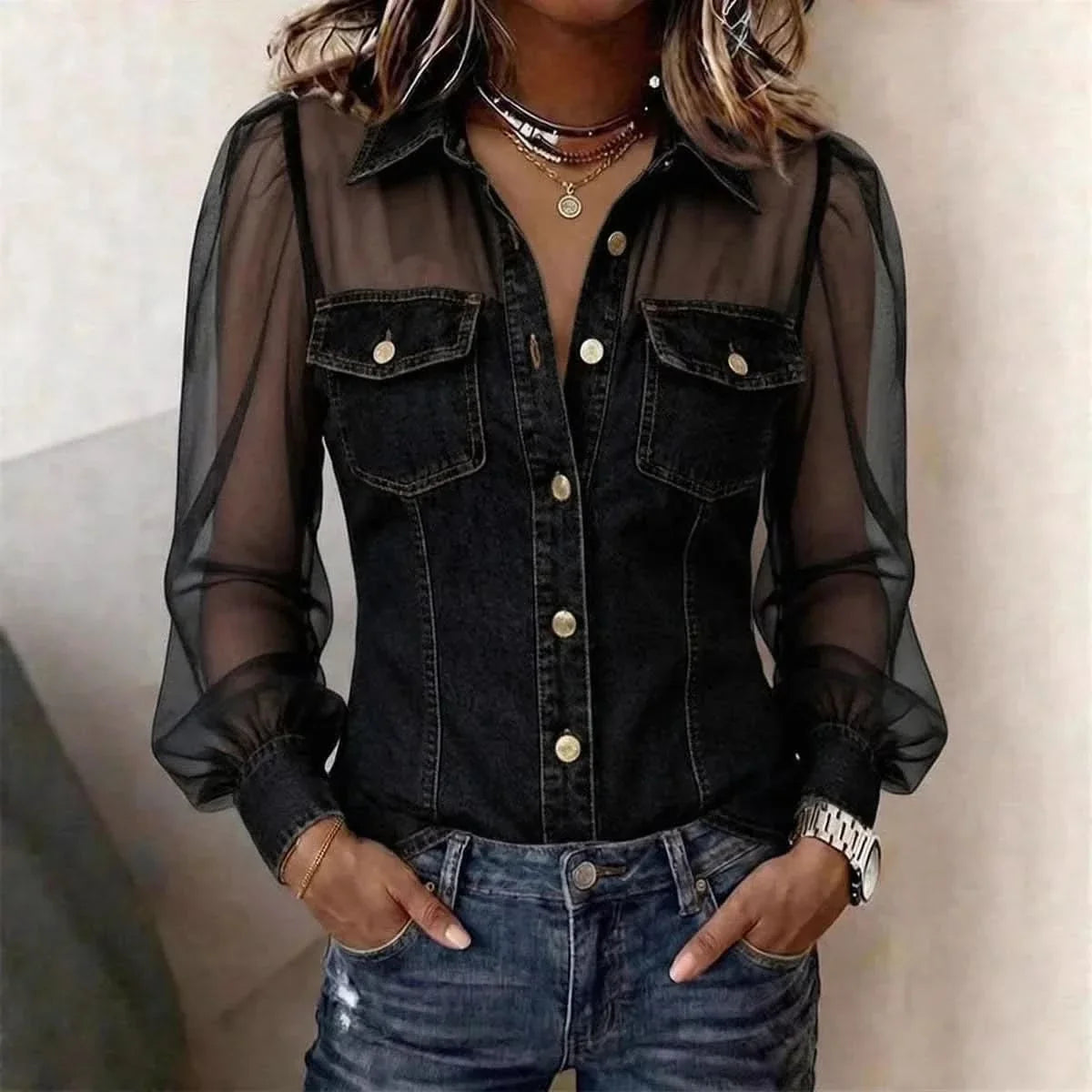 Women's Blouse Puff Sleeve Loose Fit Polyester Denim