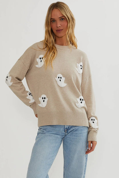 Women's Knit Sweater Textured Ghost Appliqués Relaxed Fit