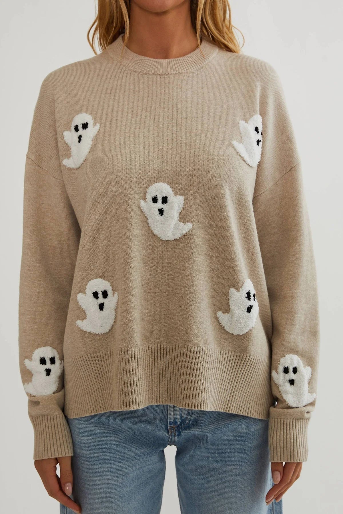 Women's Knit Sweater Textured Ghost Appliqués Relaxed Fit