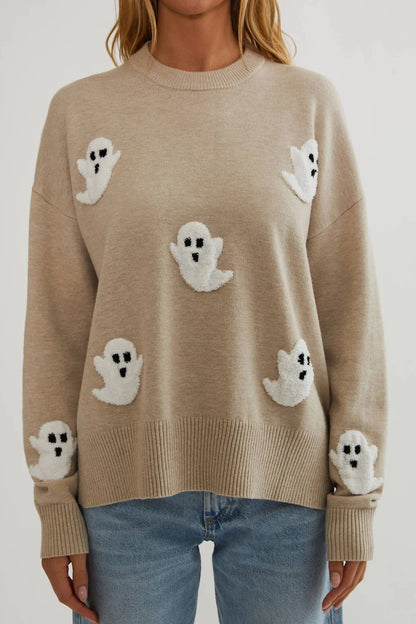 Women's Knit Sweater Textured Ghost Appliqués Relaxed Fit