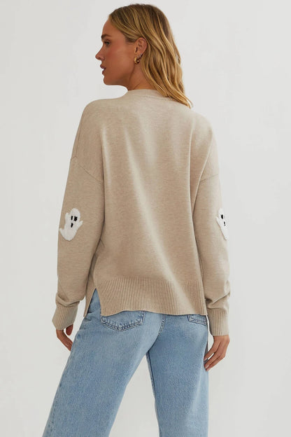 Women's Knit Sweater Textured Ghost Appliqués Relaxed Fit