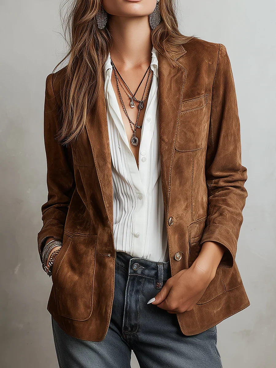 Women's Suede Jacket Sustainable Contrast Stitching Vintage Style