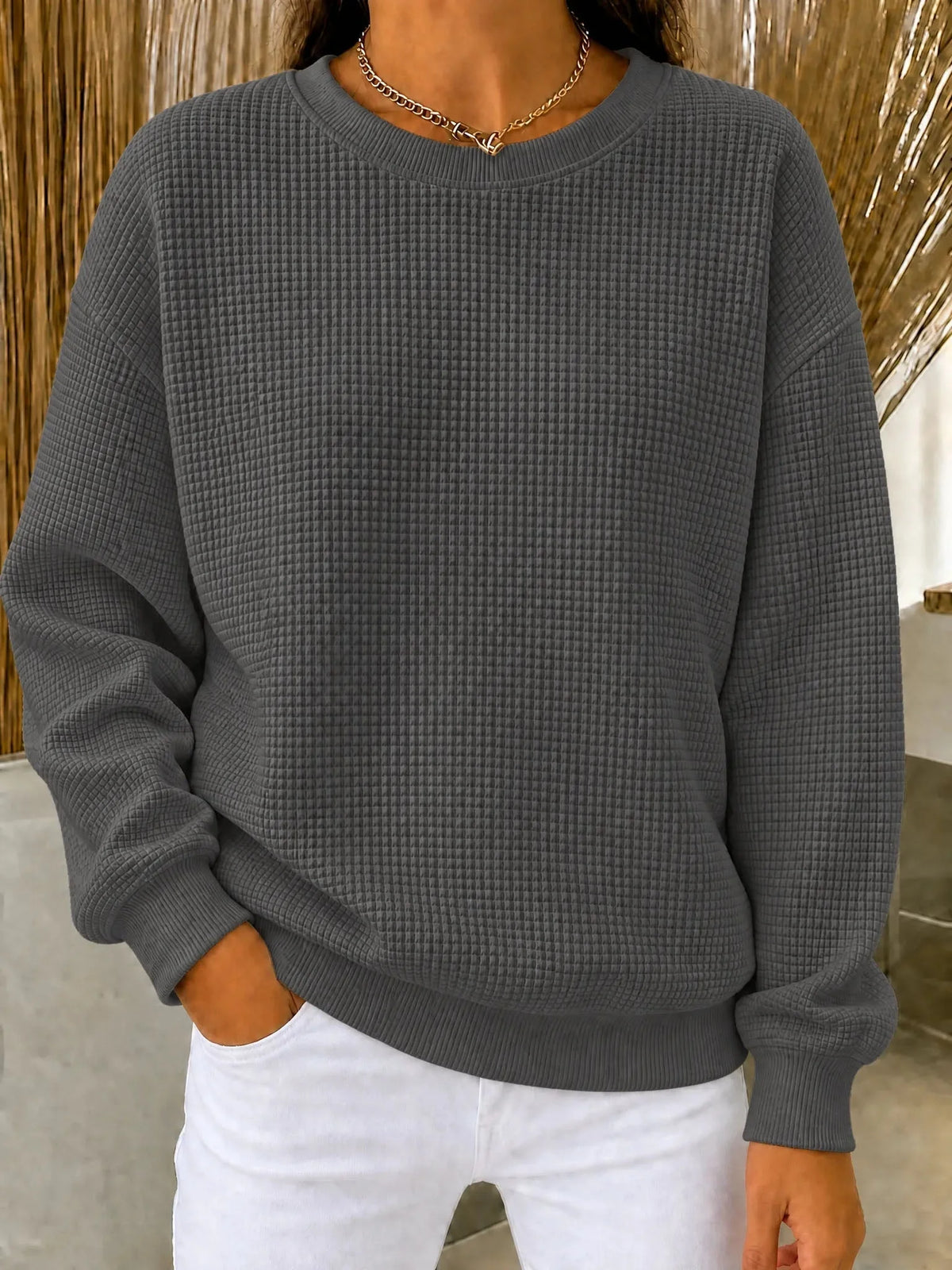 Women's Sweatshirt Cotton-Blend Waffle Knit Quarter-Zip Relaxed Fit