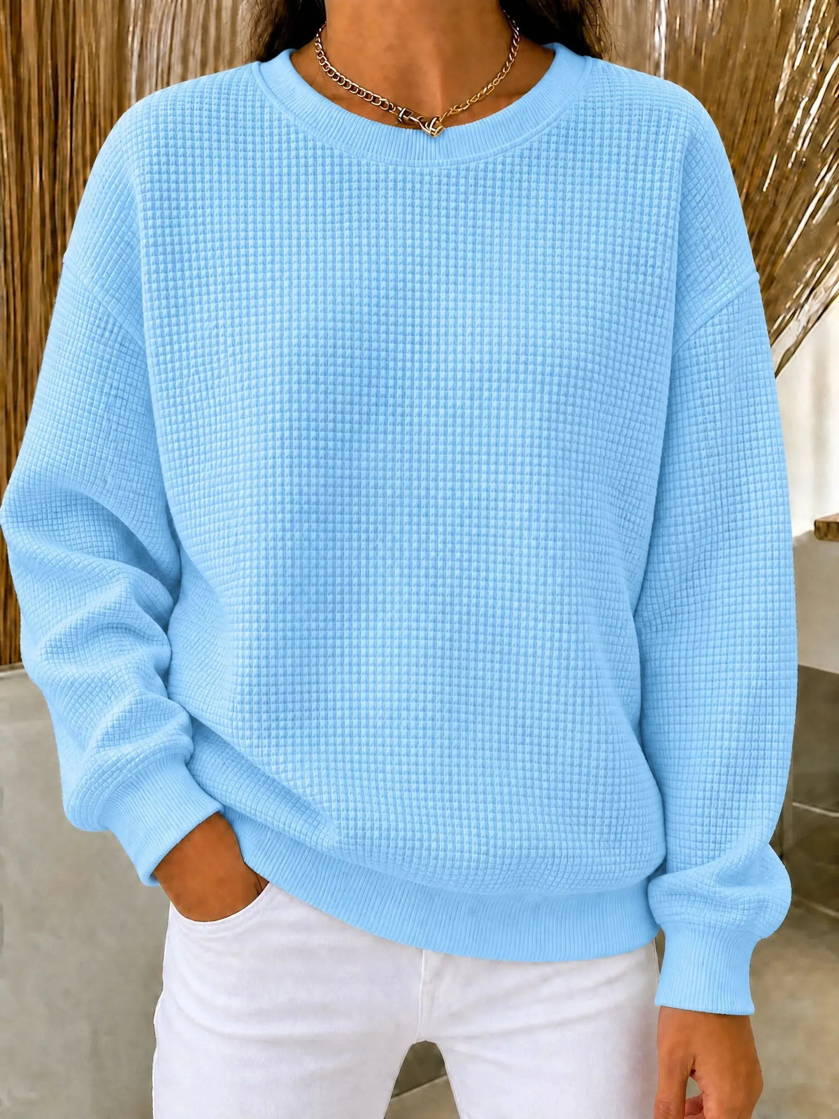 Women's Sweatshirt Cotton-Blend Waffle Knit Quarter-Zip Relaxed Fit