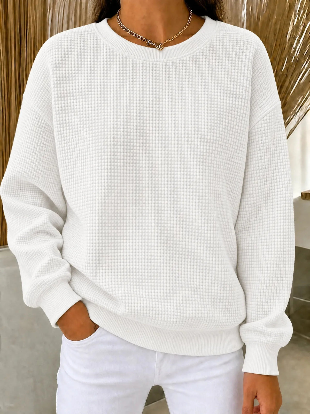 Women's Sweatshirt Cotton-Blend Waffle Knit Quarter-Zip Relaxed Fit