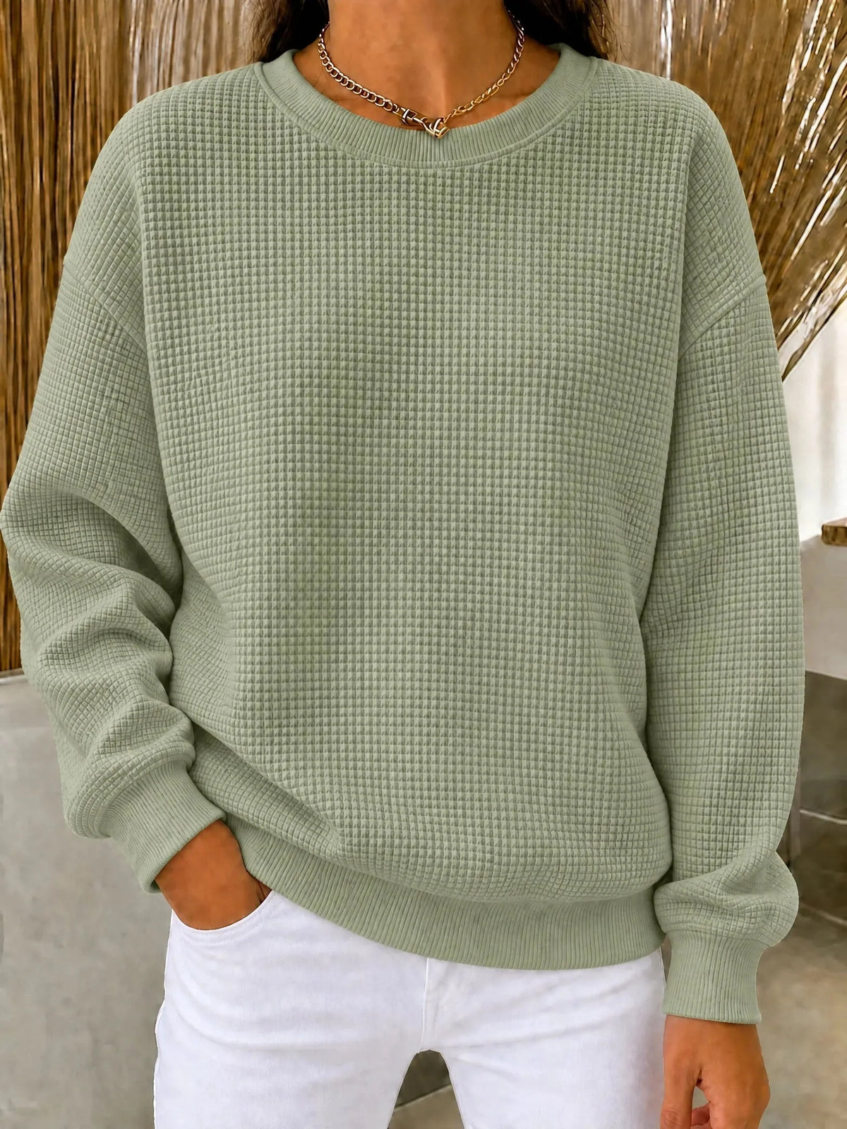 Women's Sweatshirt Cotton-Blend Waffle Knit Quarter-Zip Relaxed Fit