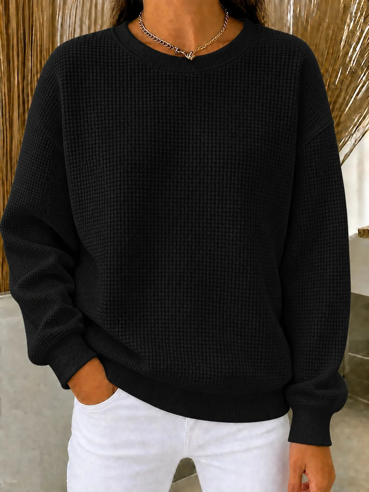 Women's Sweatshirt Cotton-Blend Waffle Knit Quarter-Zip Relaxed Fit