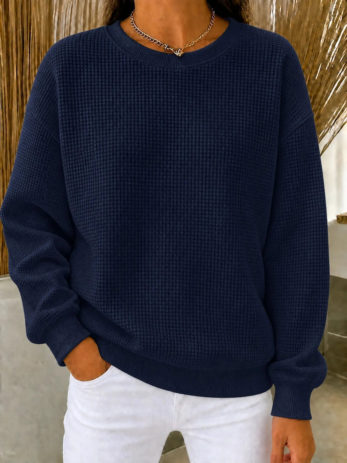 Women's Sweatshirt Cotton-Blend Waffle Knit Quarter-Zip Relaxed Fit