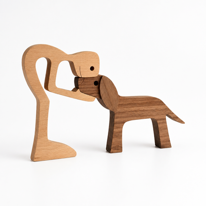 Wood Figurine Man & Dog Handmade Two-Tone