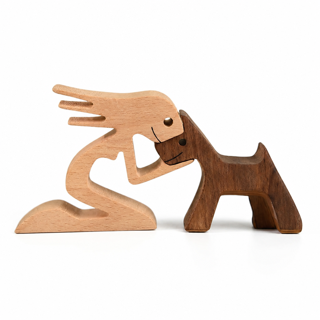 Wood Figurine Man & Dog Handmade Two-Tone
