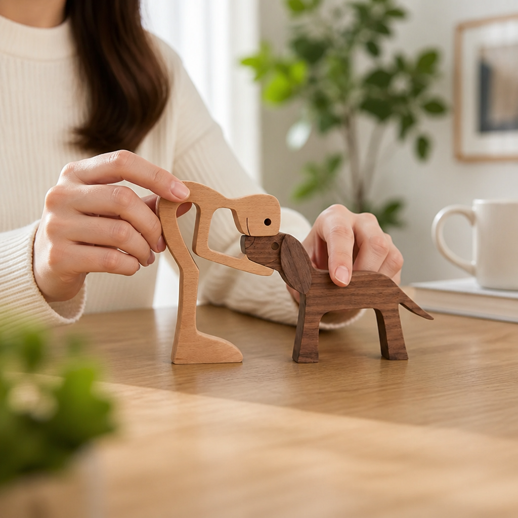 Wood Figurine Man & Dog Handmade Two-Tone