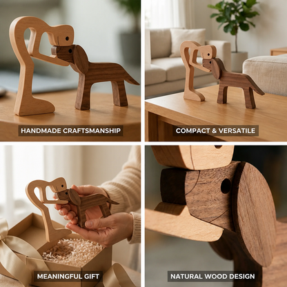 Wood Figurine Man & Dog Handmade Two-Tone