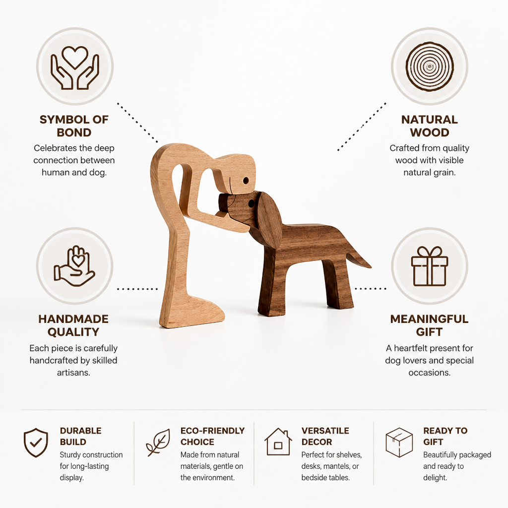 Wood Figurine Man & Dog Handmade Two-Tone
