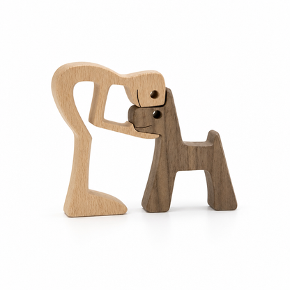 Wood Figurine Man & Dog Handmade Two-Tone