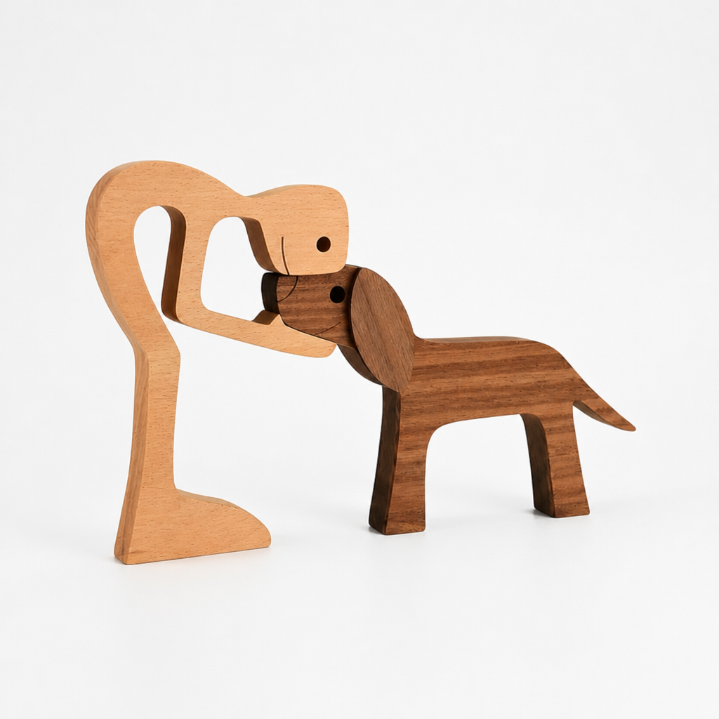 Wood Figurine Man & Dog Handmade Two-Tone