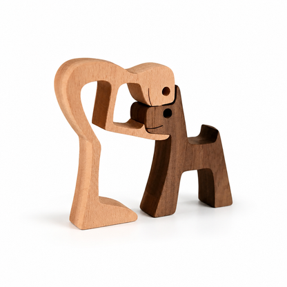 Wood Figurine Man & Dog Handmade Two-Tone