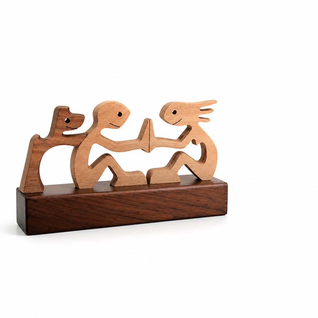 Wood Figurine Man & Dog Handmade Two-Tone