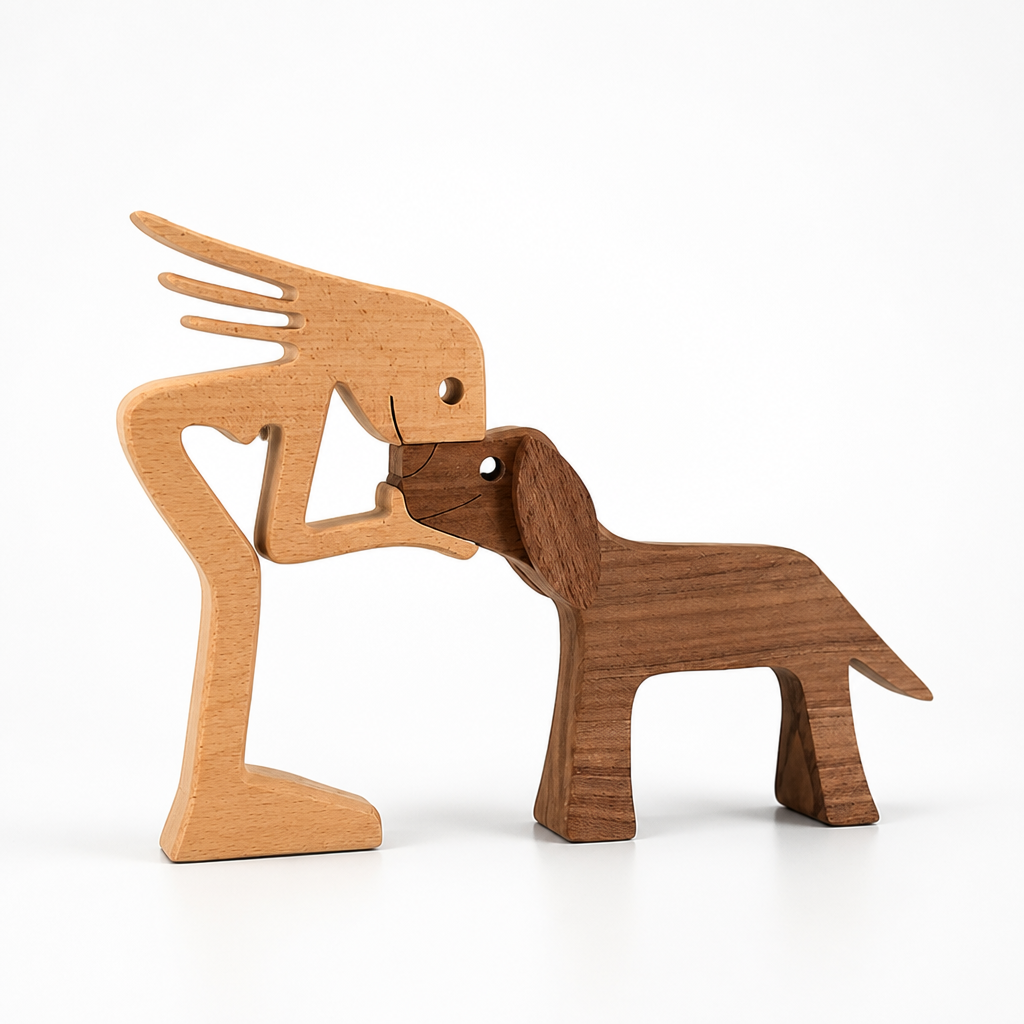 Wood Figurine Man & Dog Handmade Two-Tone