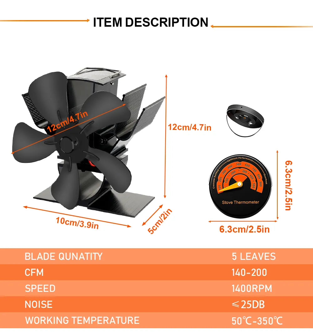 Wood Stove Fan Heat-Powered Quiet Operation Even Heat Distribution