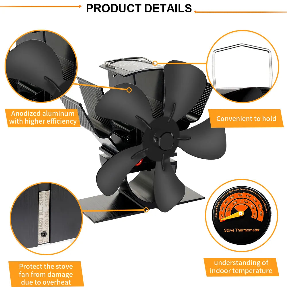 Wood Stove Fan Heat-Powered Quiet Operation Even Heat Distribution