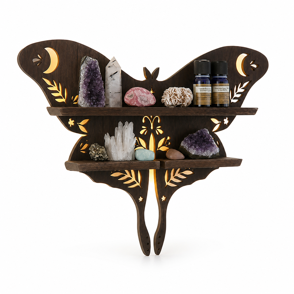 Wooden Bohemian Carved Display Shelf for Crystals and Candles