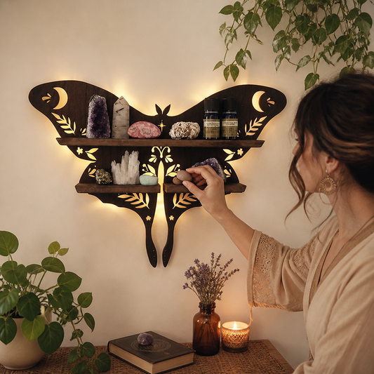 Wooden Bohemian Carved Display Shelf for Crystals and Candles