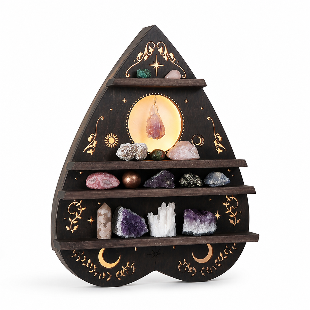 Wooden Bohemian Carved Display Shelf for Crystals and Candles