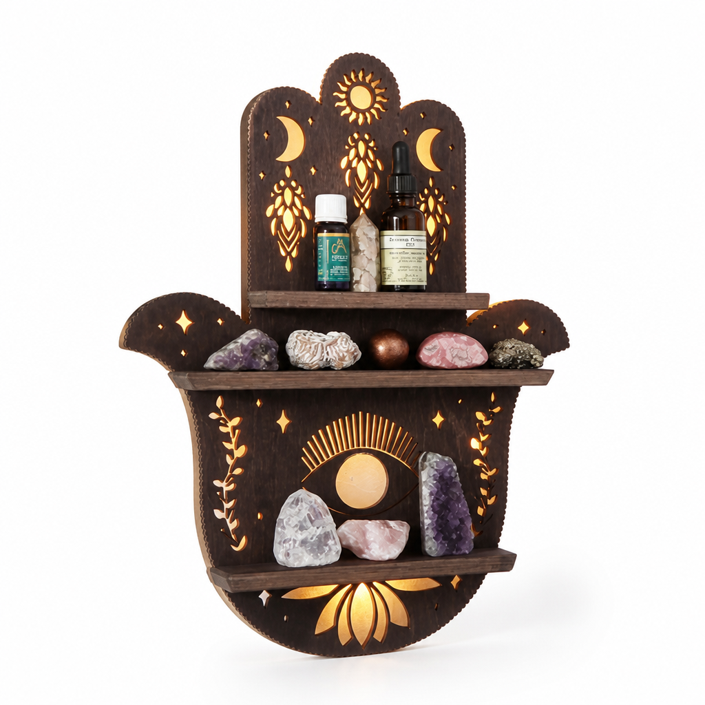 Wooden Bohemian Carved Display Shelf for Crystals and Candles