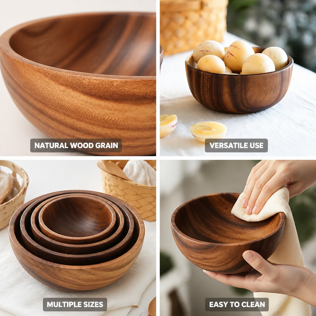 Wooden Bowl Handcrafted Solid Wood Natural Grain