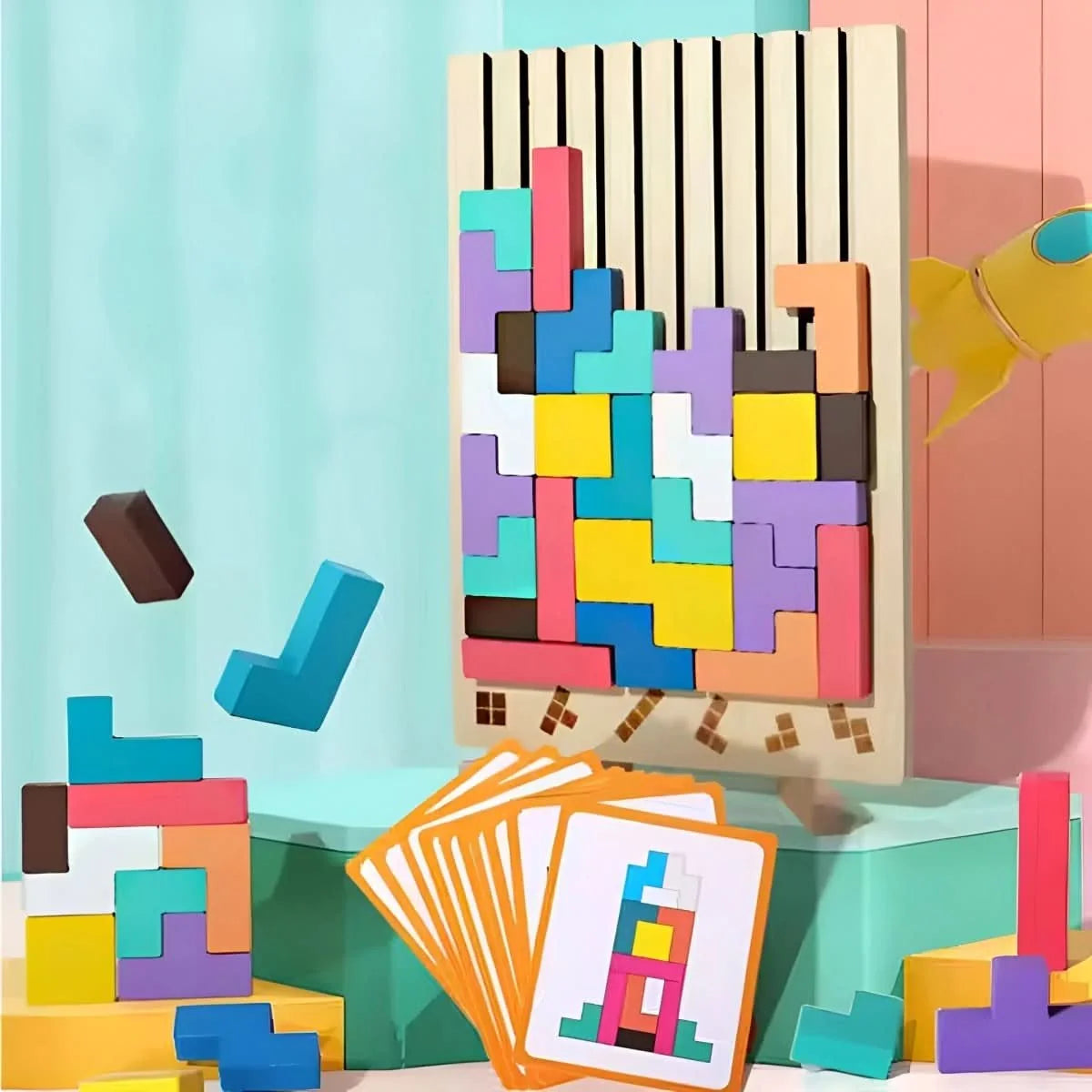 Wooden Tetris Stacking Puzzle Natural Wood Non-Toxic Paint