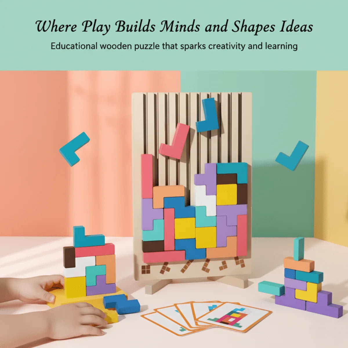 Wooden Tetris Stacking Puzzle Natural Wood Non-Toxic Paint
