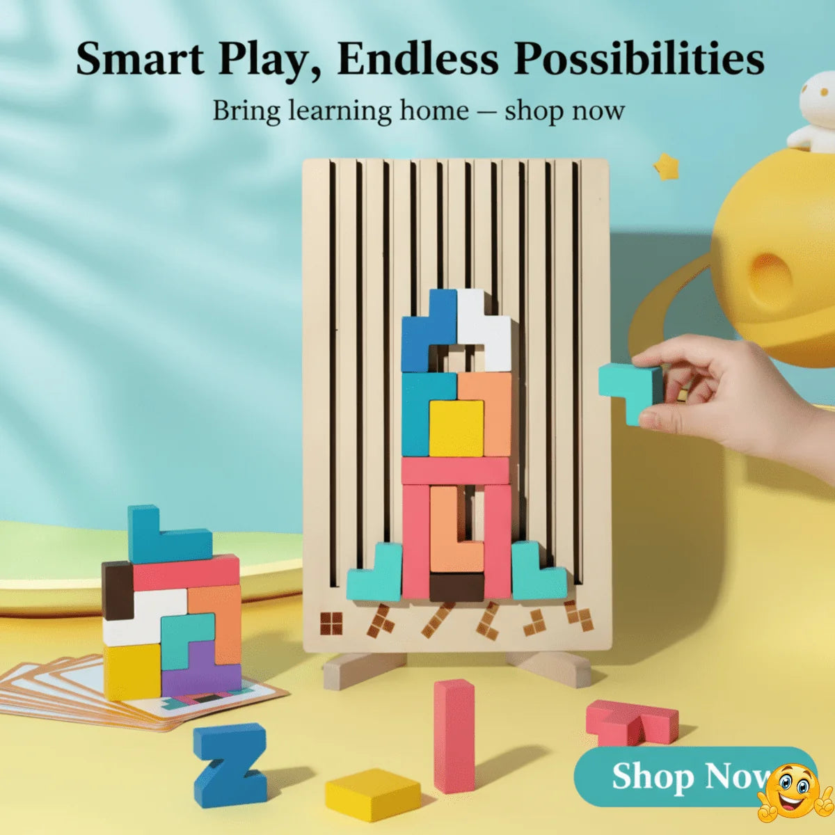 Wooden Tetris Stacking Puzzle Natural Wood Non-Toxic Paint