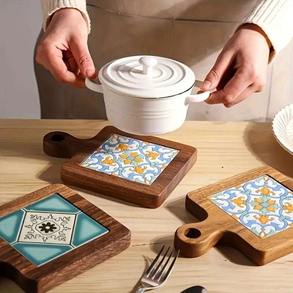 Wooden Trivet Floral Tile Inlay Heat-Resistant Non-Slip