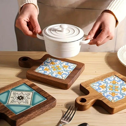 Wooden Trivet Floral Tile Inlay Heat-Resistant Non-Slip