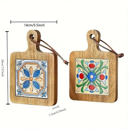 Wooden Trivet Floral Tile Inlay Heat-Resistant Non-Slip
