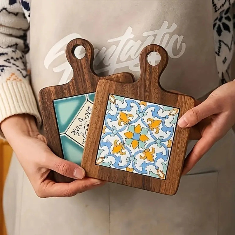 Wooden Trivet Floral Tile Inlay Heat-Resistant Non-Slip