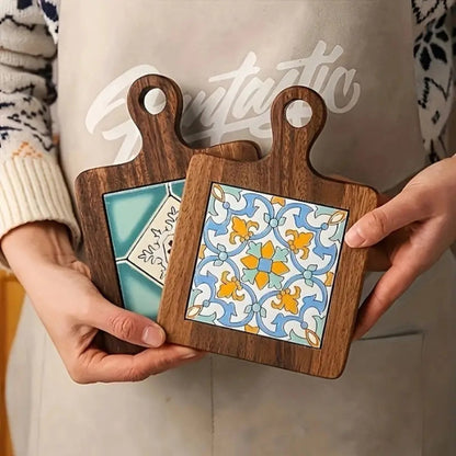 Wooden Trivet Floral Tile Inlay Heat-Resistant Non-Slip