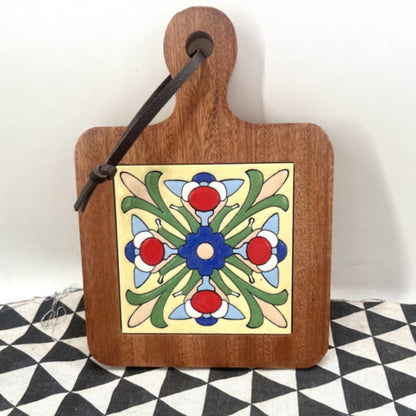 Wooden Trivet Floral Tile Inlay Heat-Resistant Non-Slip