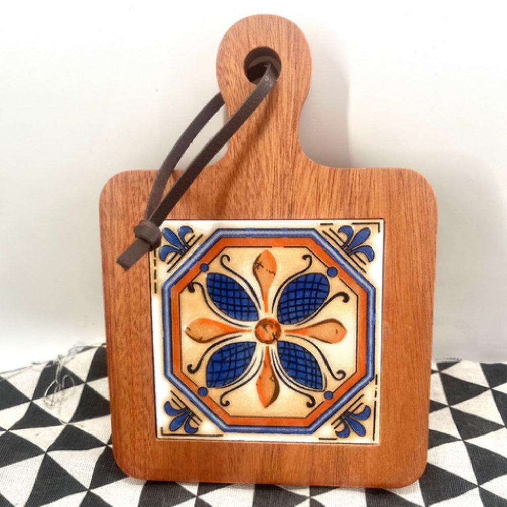 Wooden Trivet Floral Tile Inlay Heat-Resistant Non-Slip