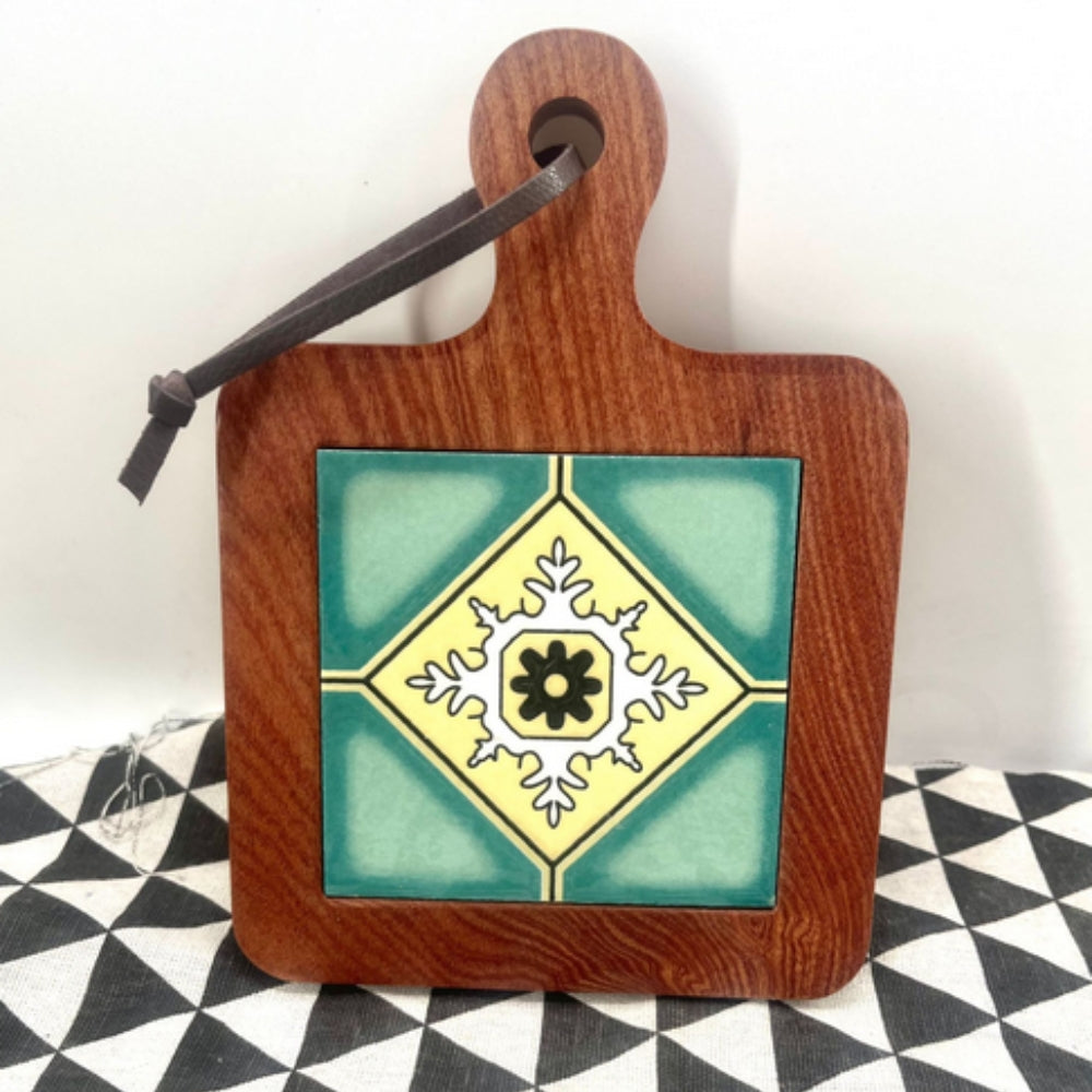 Wooden Trivet Floral Tile Inlay Heat-Resistant Non-Slip