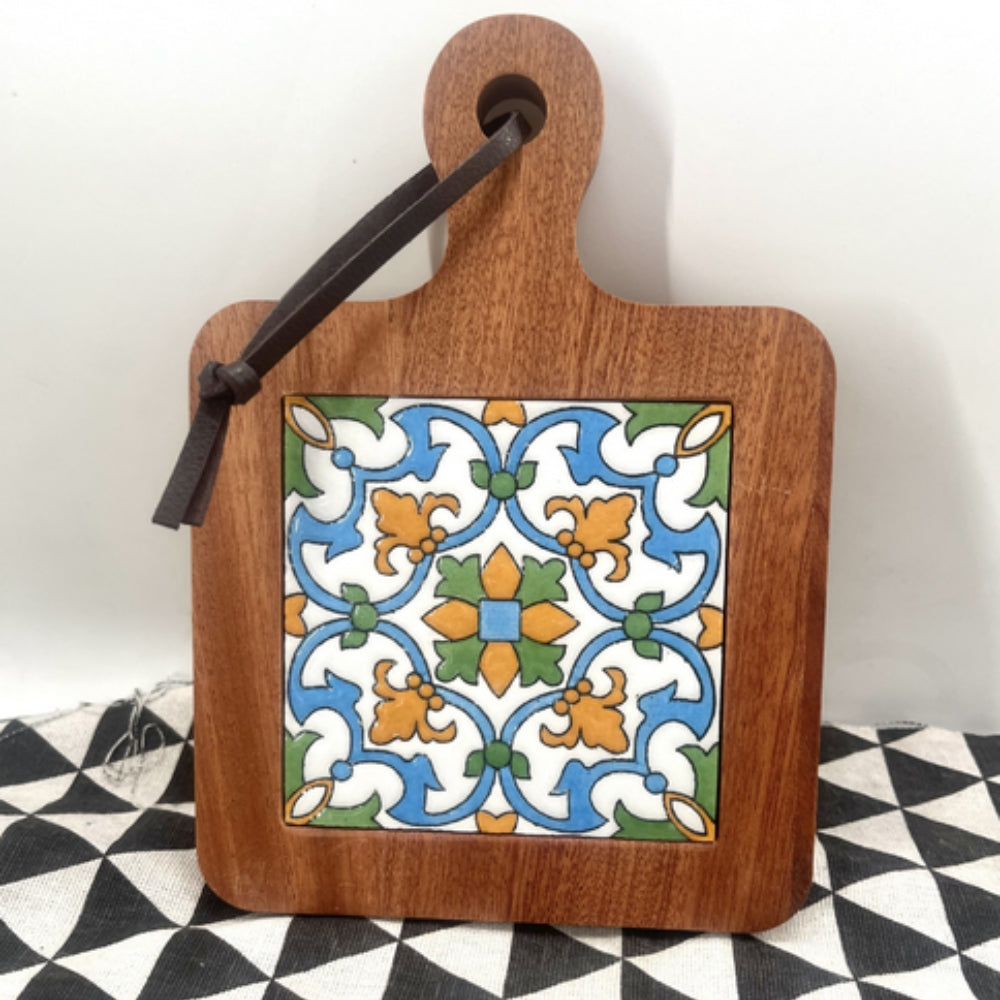 Wooden Trivet Floral Tile Inlay Heat-Resistant Non-Slip