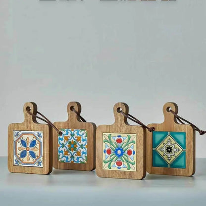 Wooden Trivet Floral Tile Inlay Heat-Resistant Non-Slip