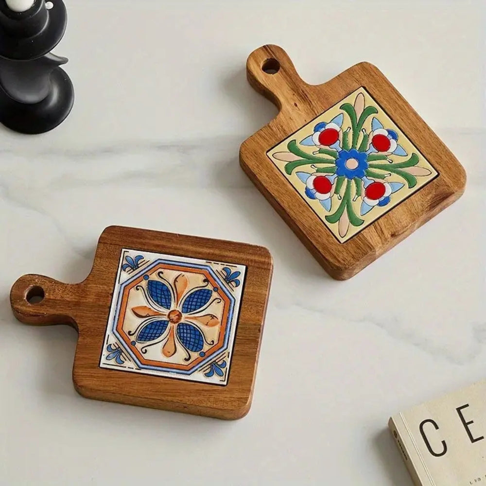 Wooden Trivet Floral Tile Inlay Heat-Resistant Non-Slip