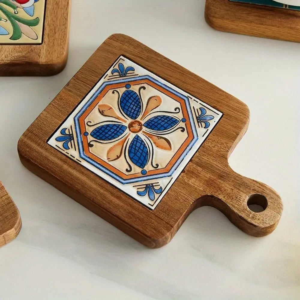 Wooden Trivet Floral Tile Inlay Heat-Resistant Non-Slip