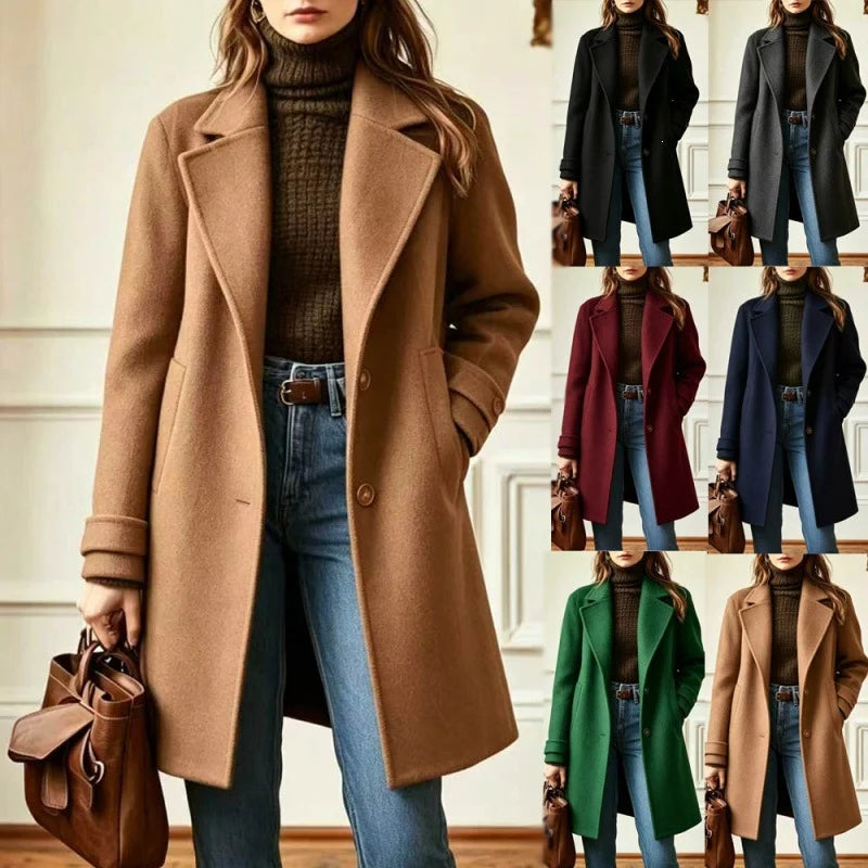 Wool Blend Coat Fitted Mid-Length Lapel Collar Side Pockets