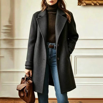 Wool Blend Coat Fitted Mid-Length Lapel Collar Side Pockets